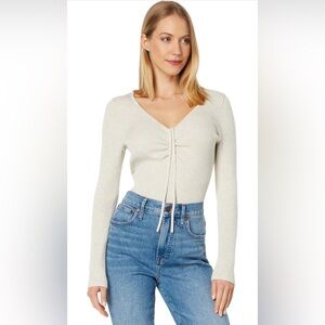 Madewell Women’s Ibiza V Neck Cinch Front Slim Long Sleeve Ribbed Pullover Sz XL